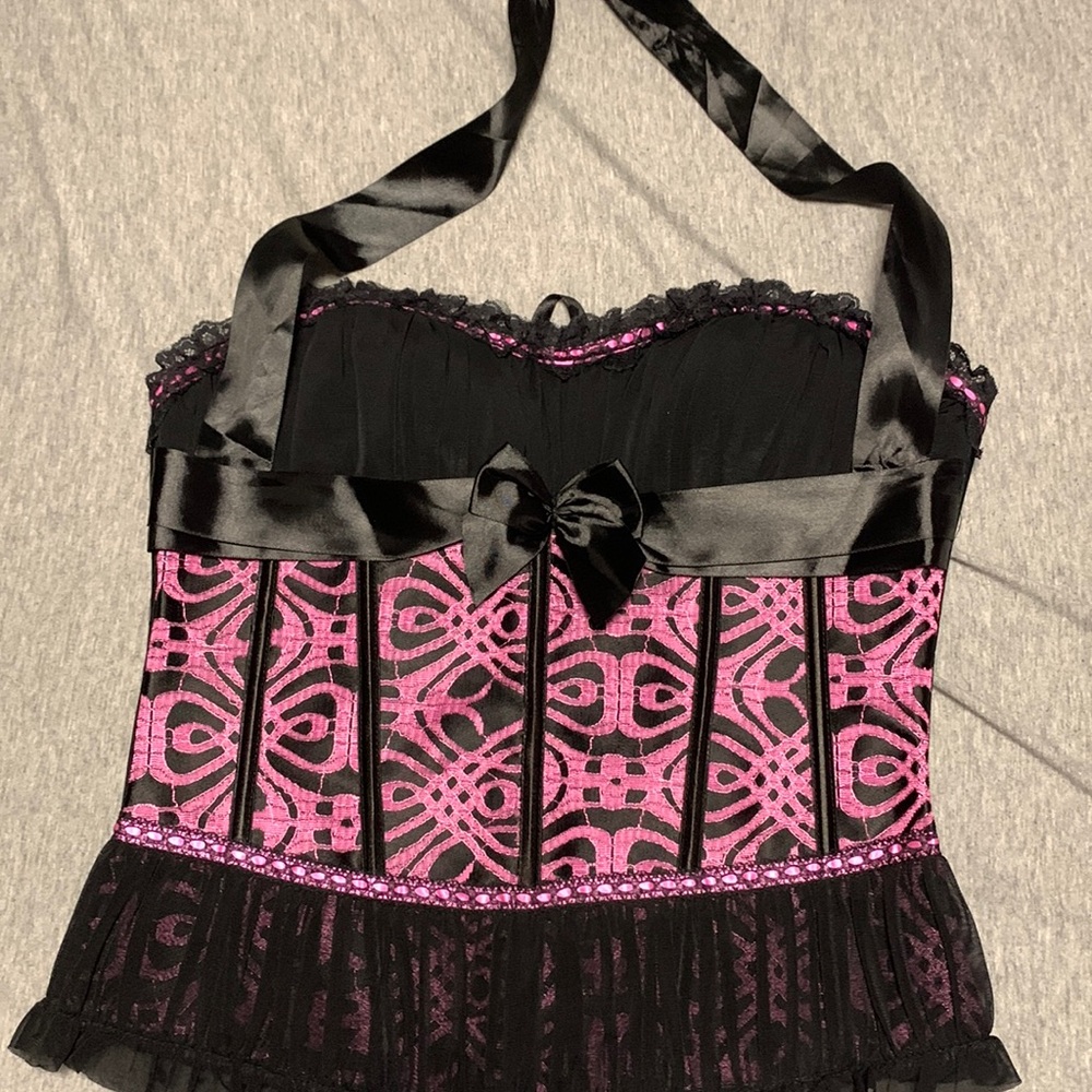 Pink and black lace detail corset